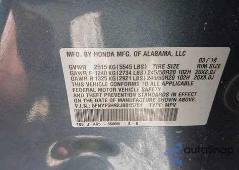 2018 Honda Pilot Touring z USA, uszkodzony, nr VIN 5FNYF5H92JB015751